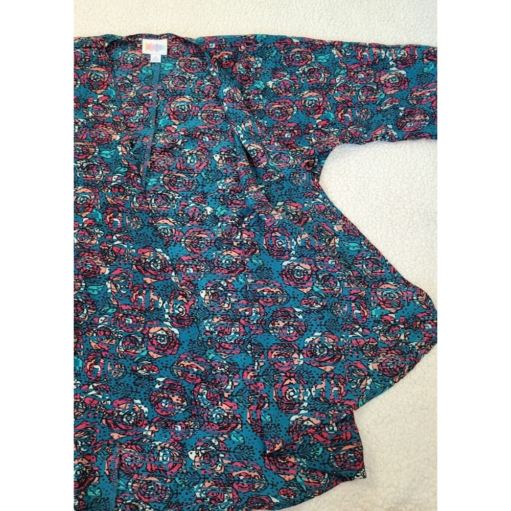 [144] LULAROE Women's Size 3 Blue Open Waterfall Cardigan Pink Floral Pattern